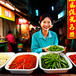 **Image Prompt:** A bustling Hanoi street food stall at night, showcasing *bún chả* with a variety of chili peppers displayed. Focus on the vibrant colors of the food and the warm lighting, highlighting the "fiery" aspect of Northern Vietnamese cuisine. Include a smiling vendor offering a plate of chilies.