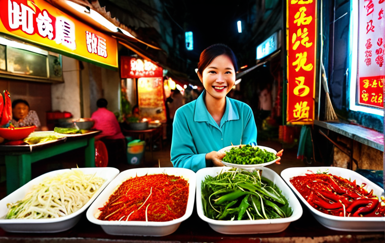 **Image Prompt:** A bustling Hanoi street food stall at night, showcasing *bún chả* with a variety of chili peppers displayed. Focus on the vibrant colors of the food and the warm lighting, highlighting the "fiery" aspect of Northern Vietnamese cuisine. Include a smiling vendor offering a plate of chilies.