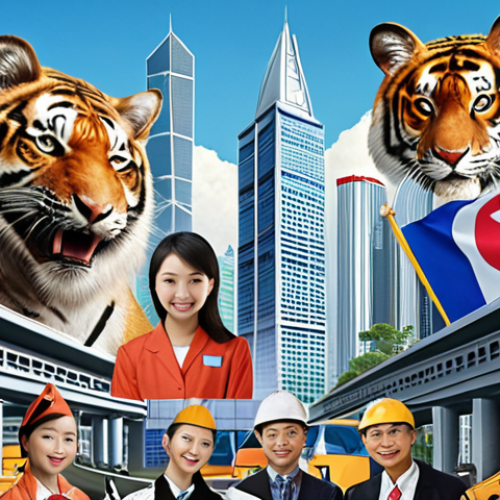 **

Prompt: A vibrant collage showing rapid economic growth in Asia. Include elements representing South Korea, Taiwan, Singapore, and Hong Kong. Showcase factories, skyscrapers, graduating students, and technology symbols. The overall feeling should be optimistic and energetic, reflecting the "Asian Tigers" economic miracle.

**