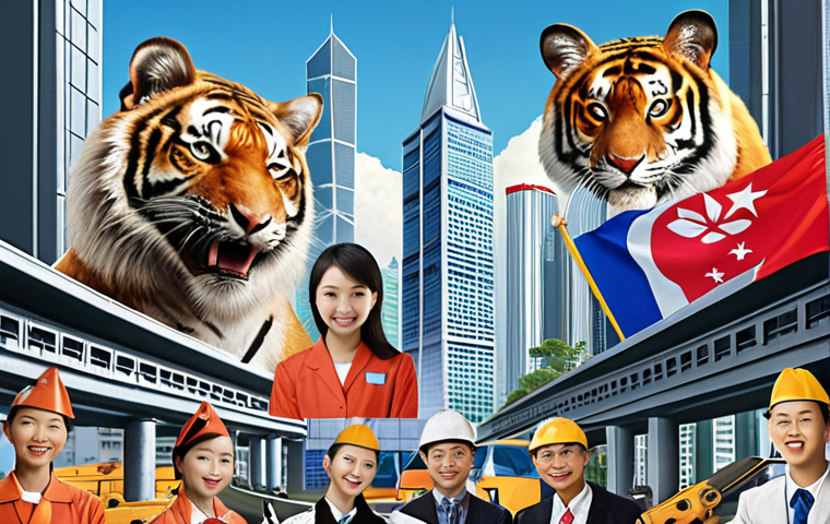 **
Prompt: A vibrant collage showing rapid economic growth in Asia. Include elements representing South Korea, Taiwan, Singapore, and Hong Kong. Showcase factories, skyscrapers, graduating students, and technology symbols. The overall feeling should be optimistic and energetic, reflecting the "Asian Tigers" economic miracle.
**