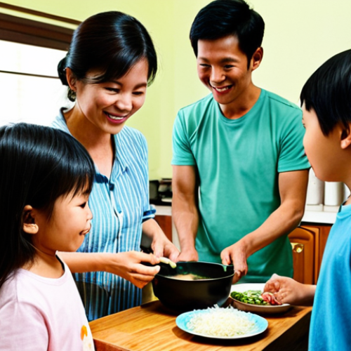 A Family Scene**

"A warm and inviting scene of a multi-generational family gathered in a cozy Vietnamese-style kitchen, preparing a meal together. The setting is modest and traditional. Everyone is fully clothed in appropriate, everyday attire. Focus on the expressions of love and connection. Perfect anatomy, natural proportions, well-formed hands. Safe for work, appropriate content, family-friendly, professional quality."

**